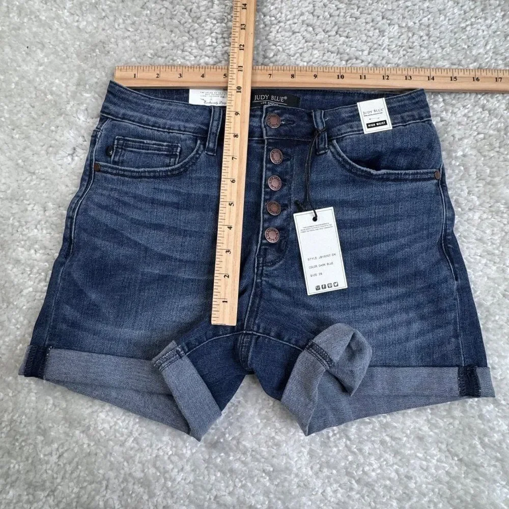 Judy Blue High Waist Cuff Shorts Dark Blue Wash Stretch Womens 28 NEW